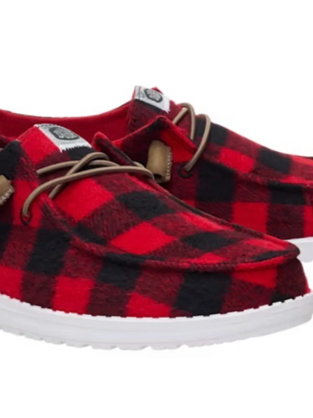 Hey Dude Women’s Red and Black Buffalo Plaid Slip-On Loafers Size 8 New In Box